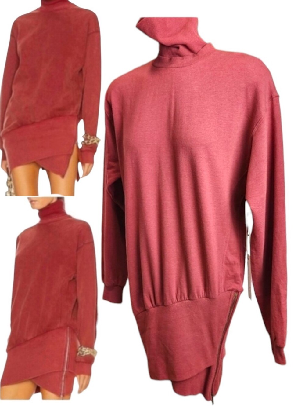 Young Fabulous Broke Womens Turtleneck Asymmetrical Sweatshirt Dress Rust XS